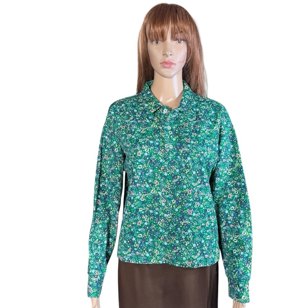NWT New Zara Cotton Floral Green Polo Shirt Size L